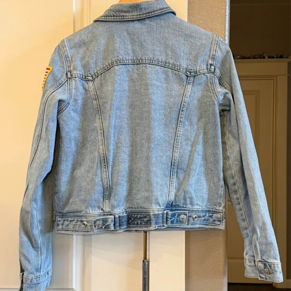 Wmn's Fun TopShop X Moto Denim Jean Jacket Embroidered Patches Y2K Style-Size 6 - Picture 2 of 9